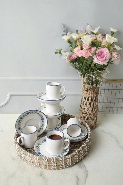 Hermia Juego de Tazas de Café de 12 Piezas - Azul, Verde y Blanco, Cerámica